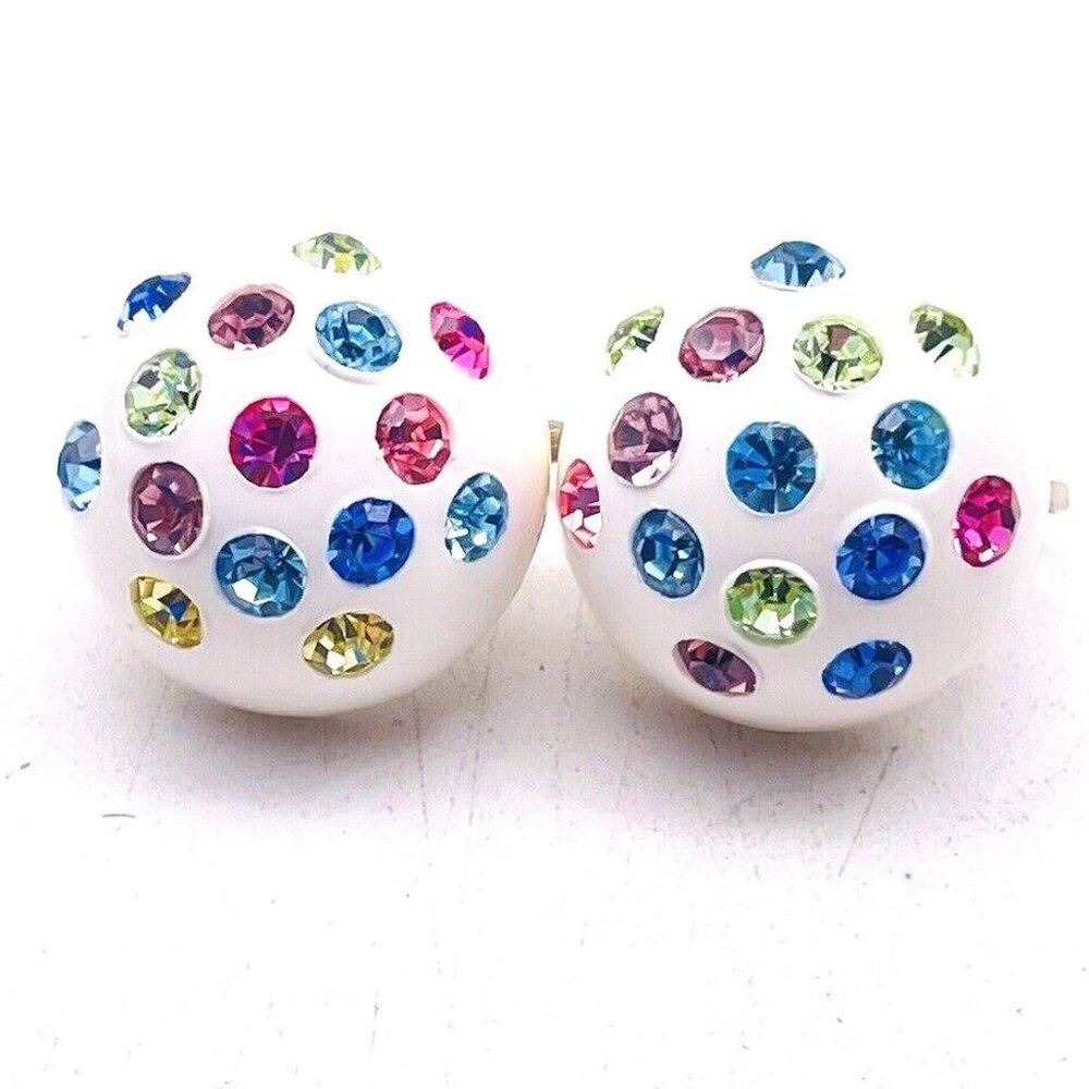 White Half Dome Earrings Clip On Multicolor Rhinestones Bling Sparkle Holiday